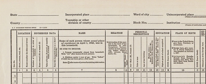 1940 Census Form — 1940 U.S. Census Form — 1940 United States Census Form