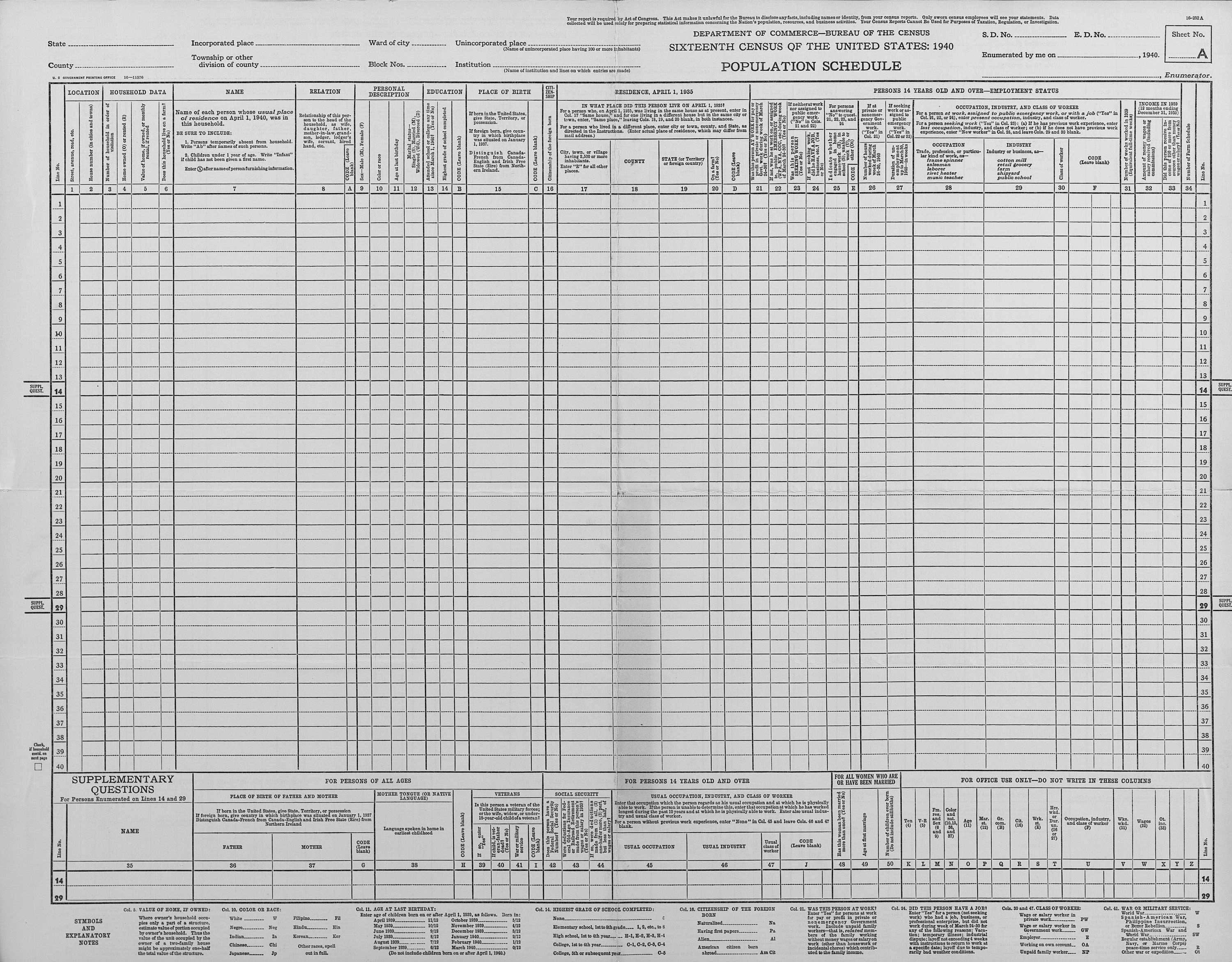 1940 Census Form 1940 U S Census Form 1940 United States Census Form